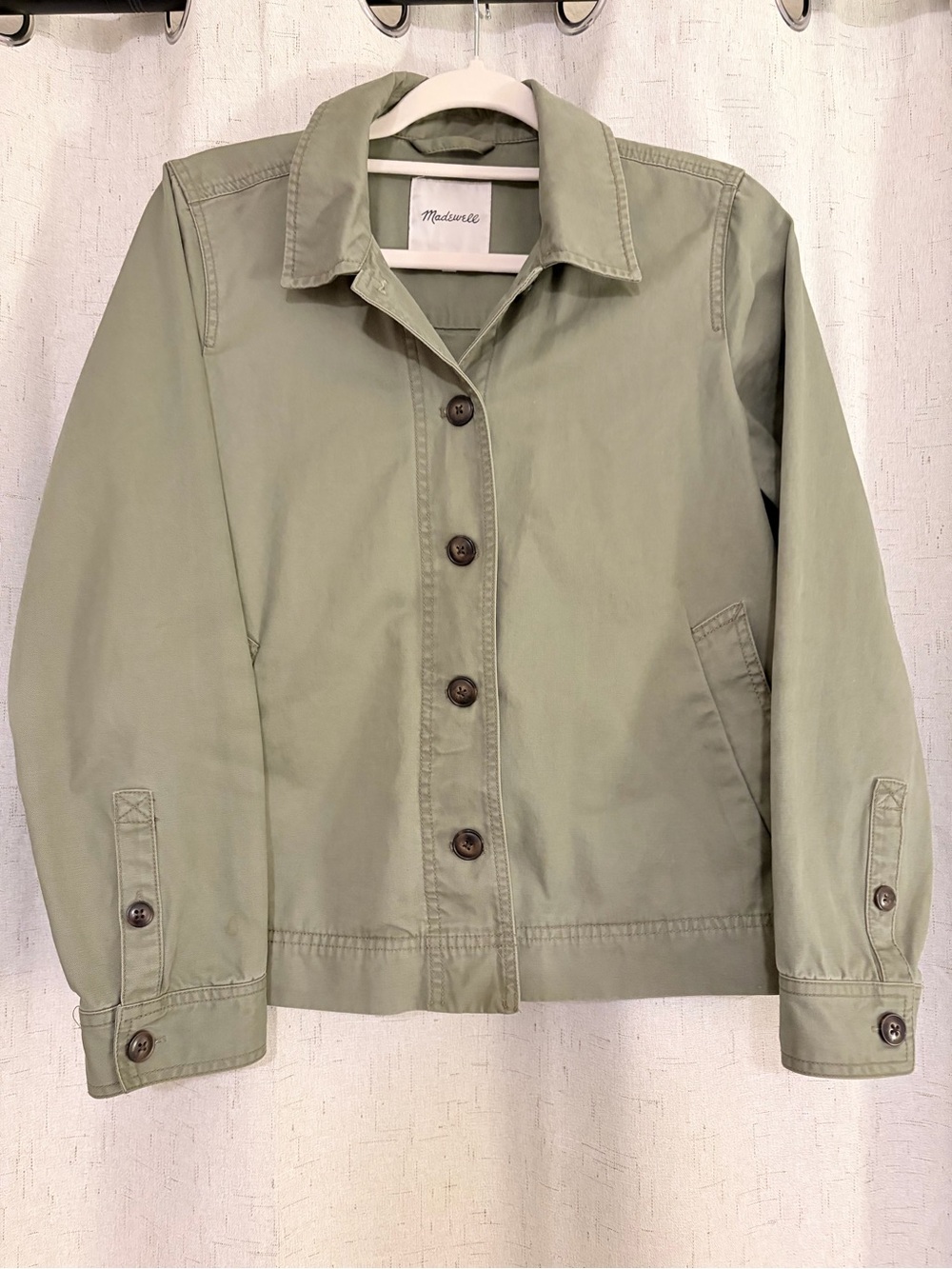 Madewell Northwood Button-Front Military Jacket in Olive Green, size M
